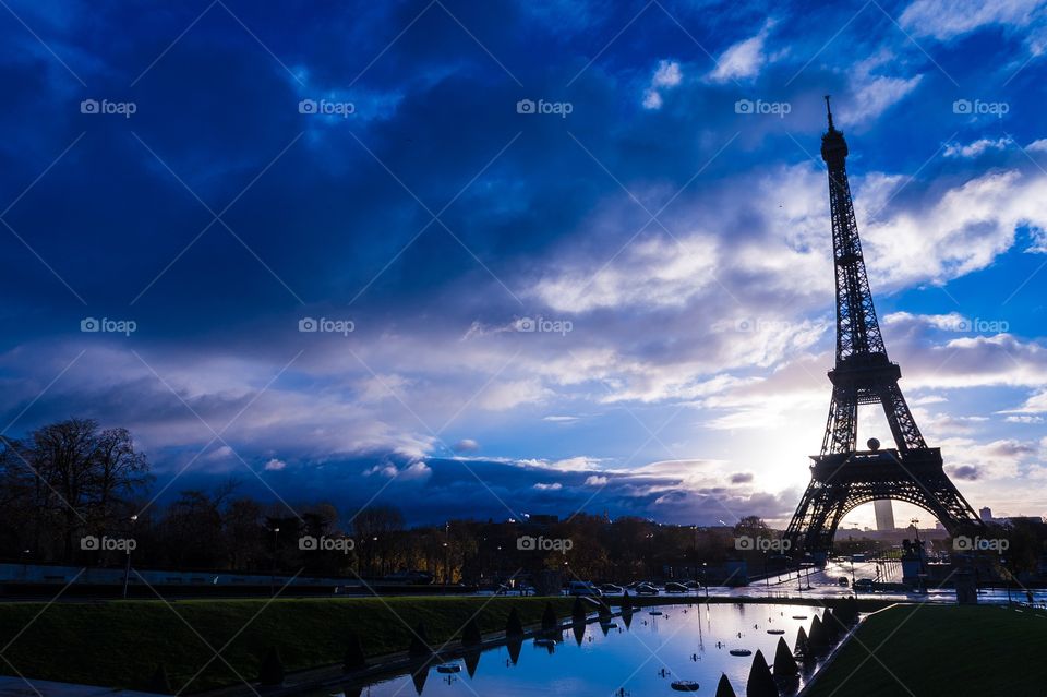 Beautiful natural sunrise with the Eiffel Tower in Paris, France 