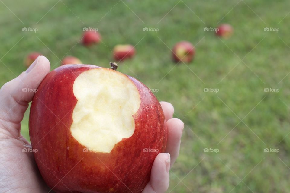 Holding an apple missing a bite