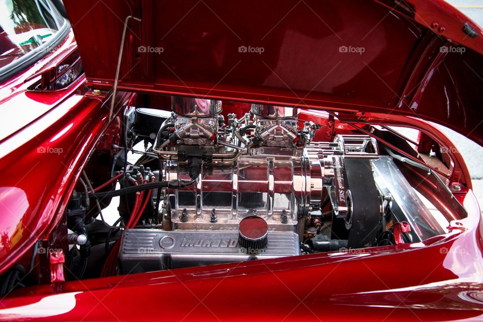 Engine of a red classic car