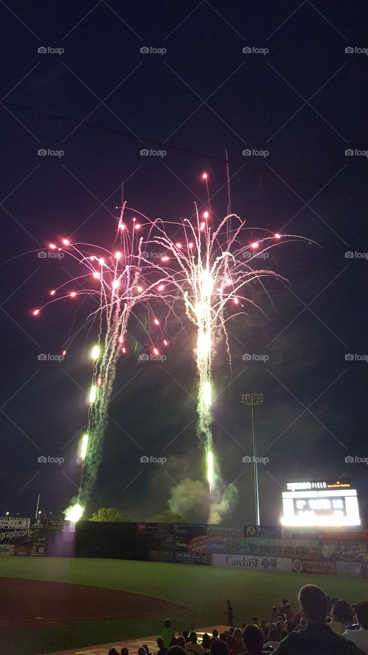 Spectacular fireworks. Spectacular and colorful fireworks, after a Frederick Keys baseball game in downtown historic Frederick Maryland