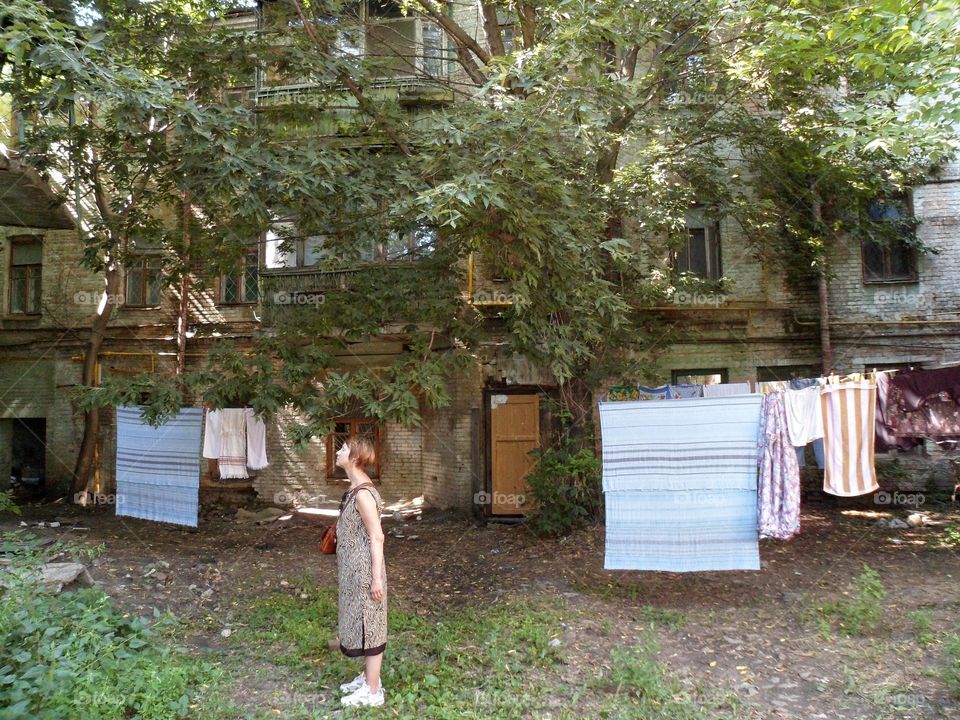 Drying clothes in an old courtyard in Podil in Kiev