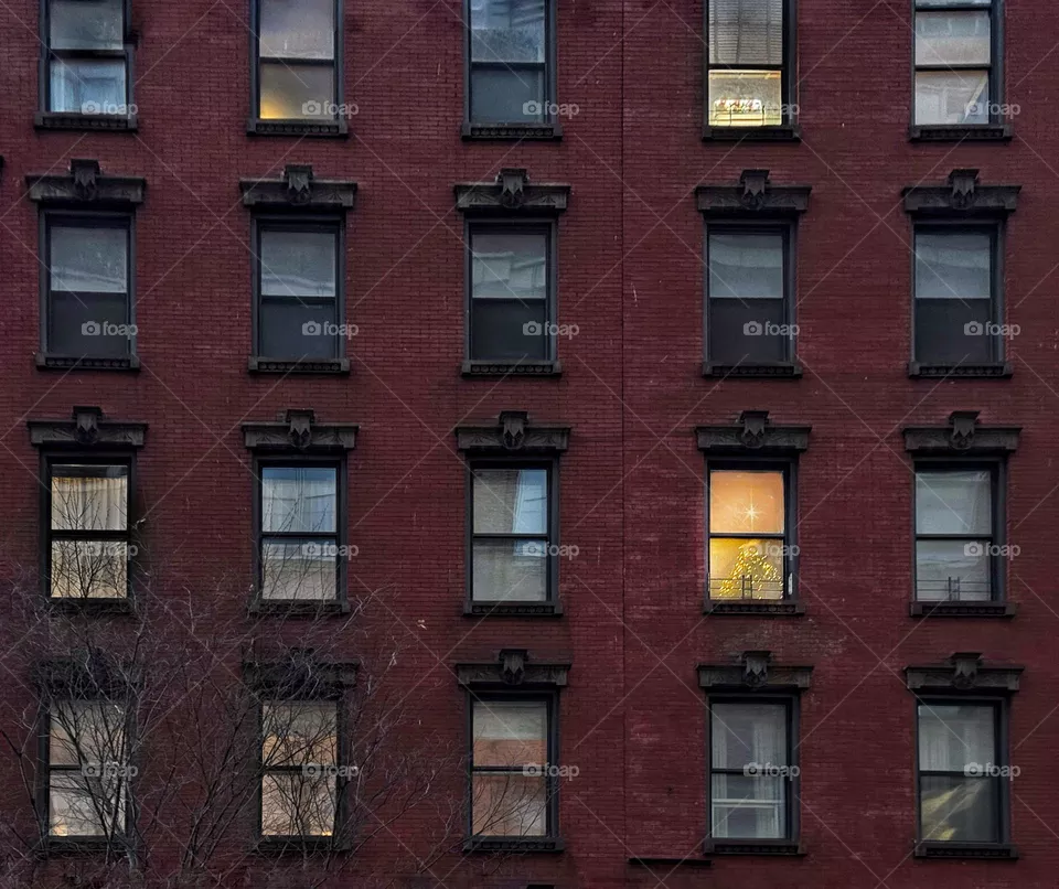 Christmas decorations in a tenement window 