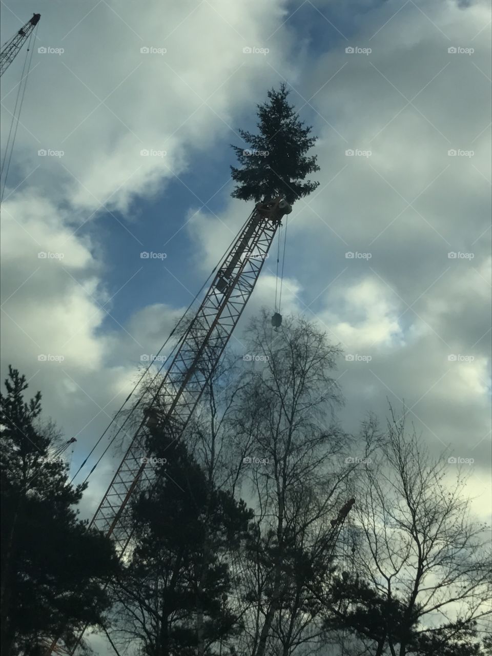 A Christmas tree on top of a crane