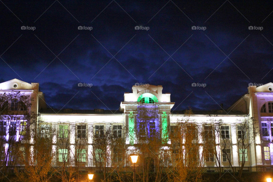 Belarus, Minsk, Gomel, river Sozh, embankment, castle, old castle, park, bridge, pavement, river, lights, light, Night, Lamp street, lantern city, reflection, glare, white, Black and white, city