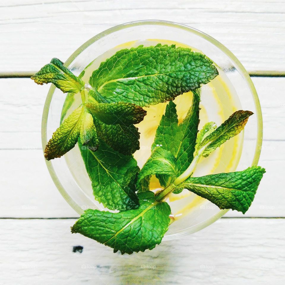 cocktail of lemon and mint leaves