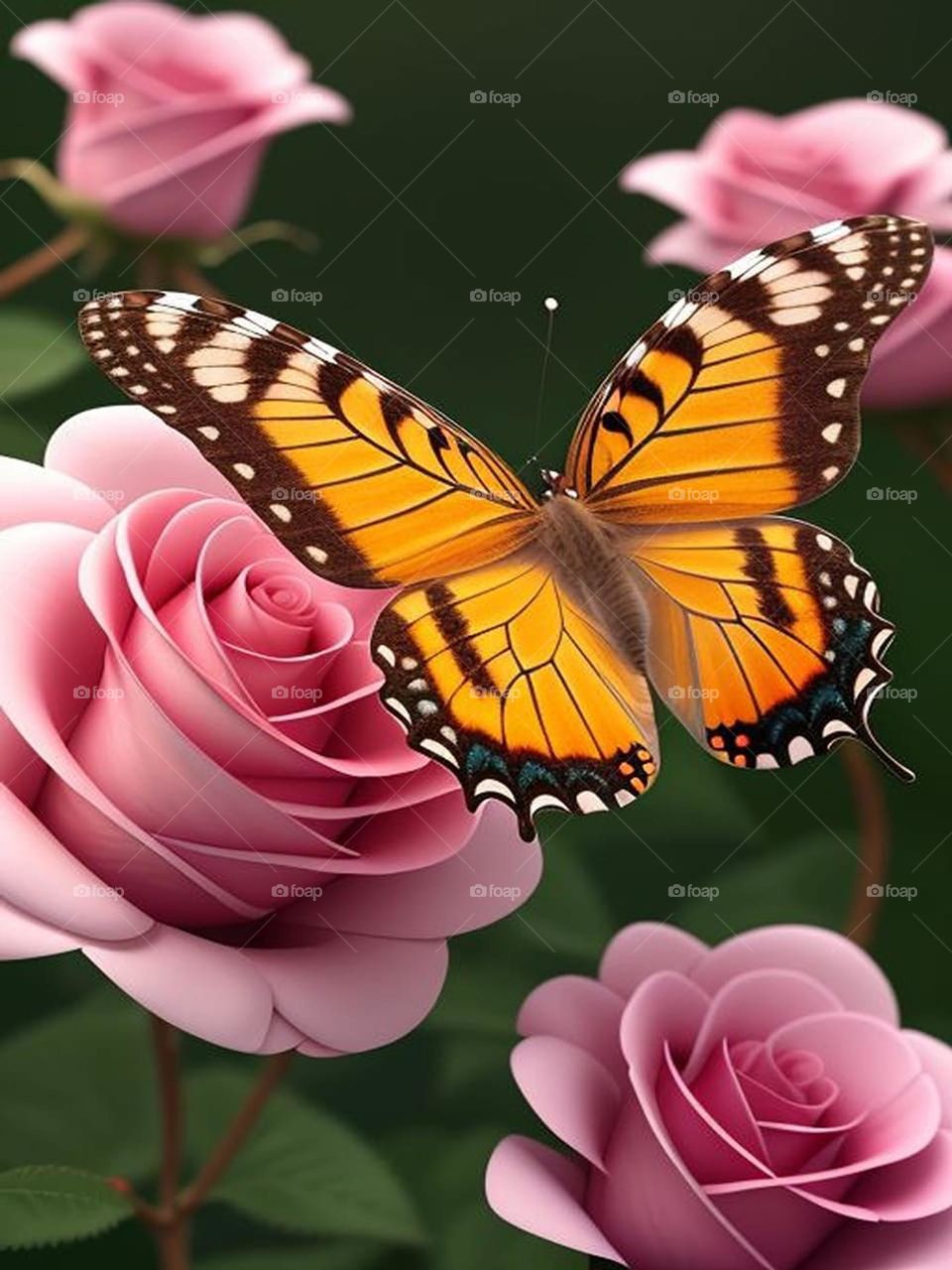 Butterfly fluttering over roses