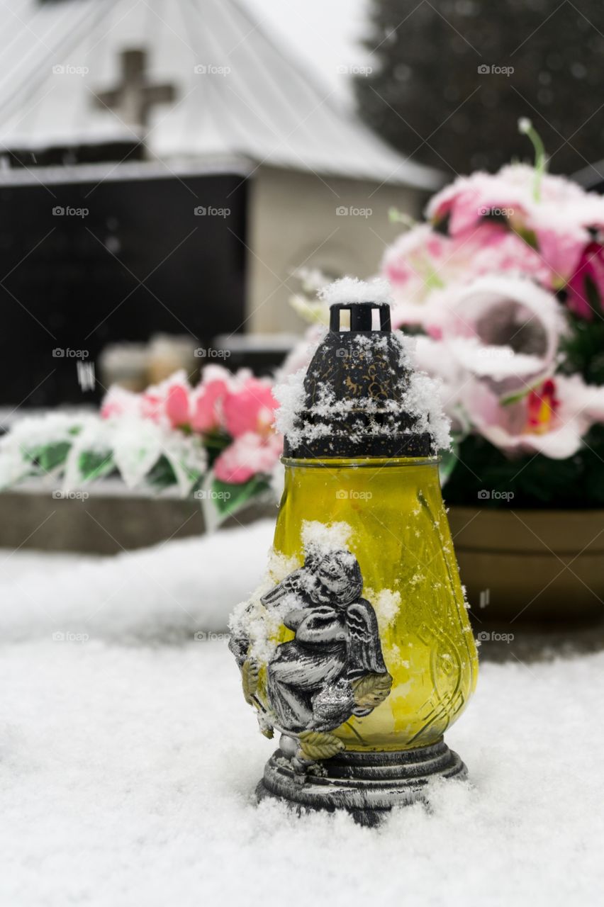 Cemetery covered with snow during winter. Slovakia