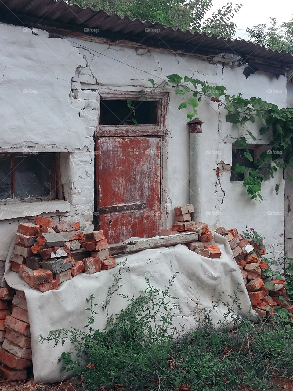 old barn, brick, red wooden door