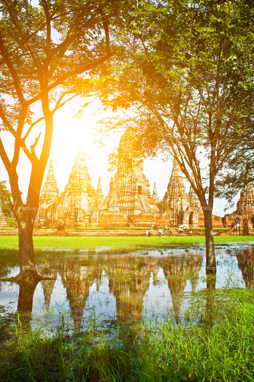 reflection of ancient temple after rain, travel in thailand
