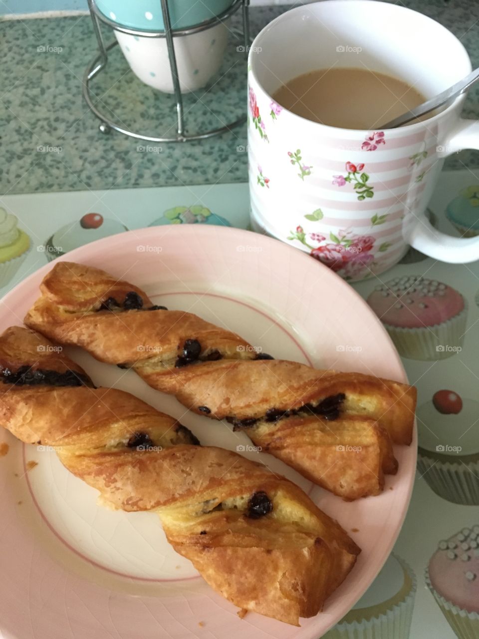 Lovely M&S gluten free continental pastry twists with Belgian chocolate inside with a cup of tea