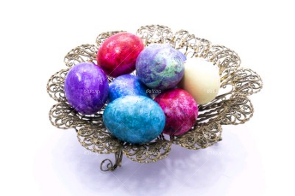 Metal bowl with Easter eggs