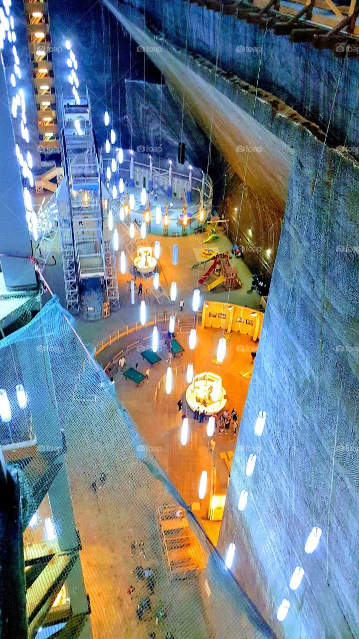 multiverse of lights at Salina Turda, 100 m deep in the ground., Romania