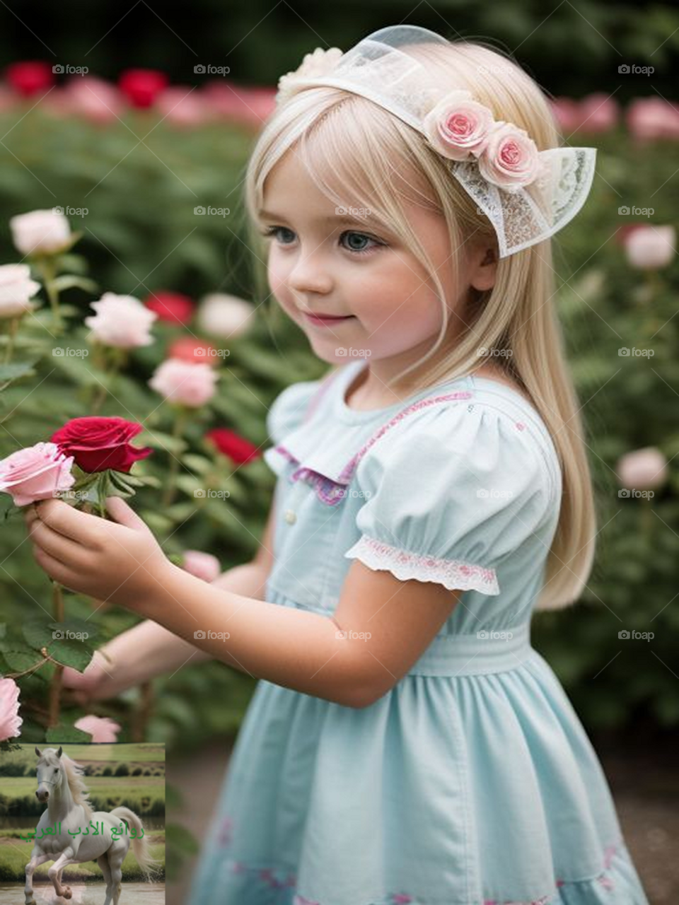 Beautiful blonde girl picking roses