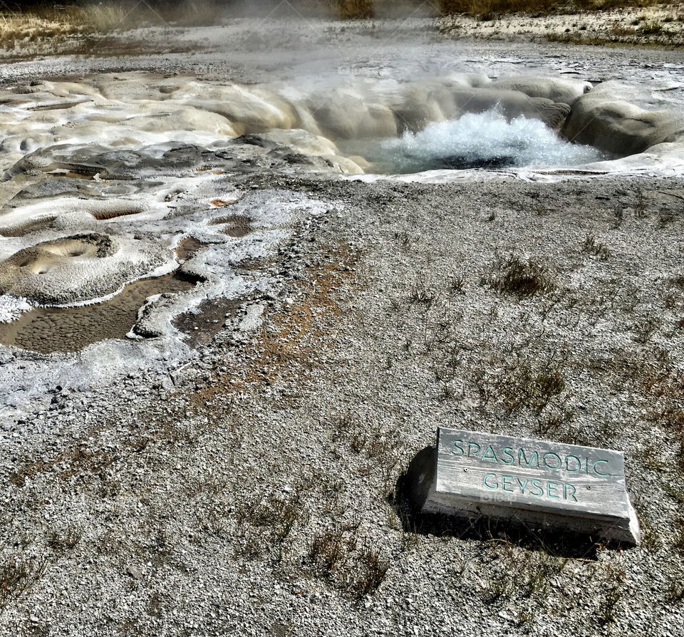 Stunning geology in the unique landscape of Geyser Hill in Yellowstone National Park on a sunny summer day. 