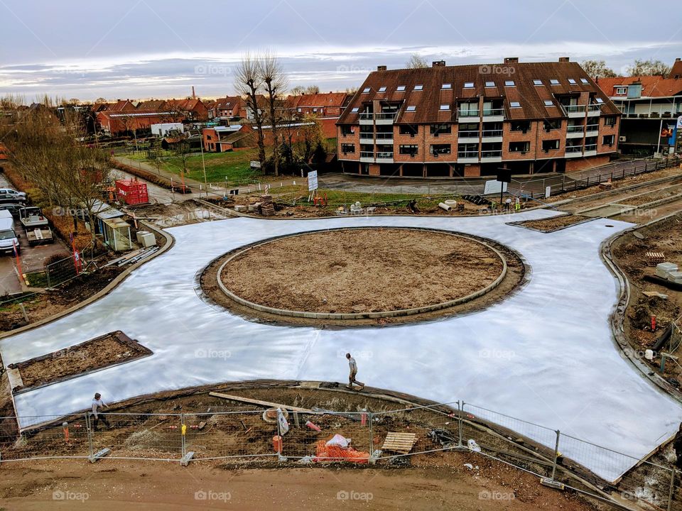 Birdseye view of the construction of a roundabout in Belgium