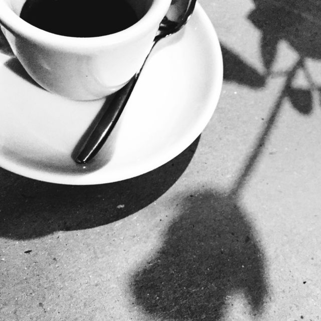 Cup of coffee and shadow of flower