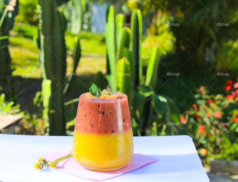 Smoothie with exotic fruits (mango,pineapple banana), blurred background with cacti