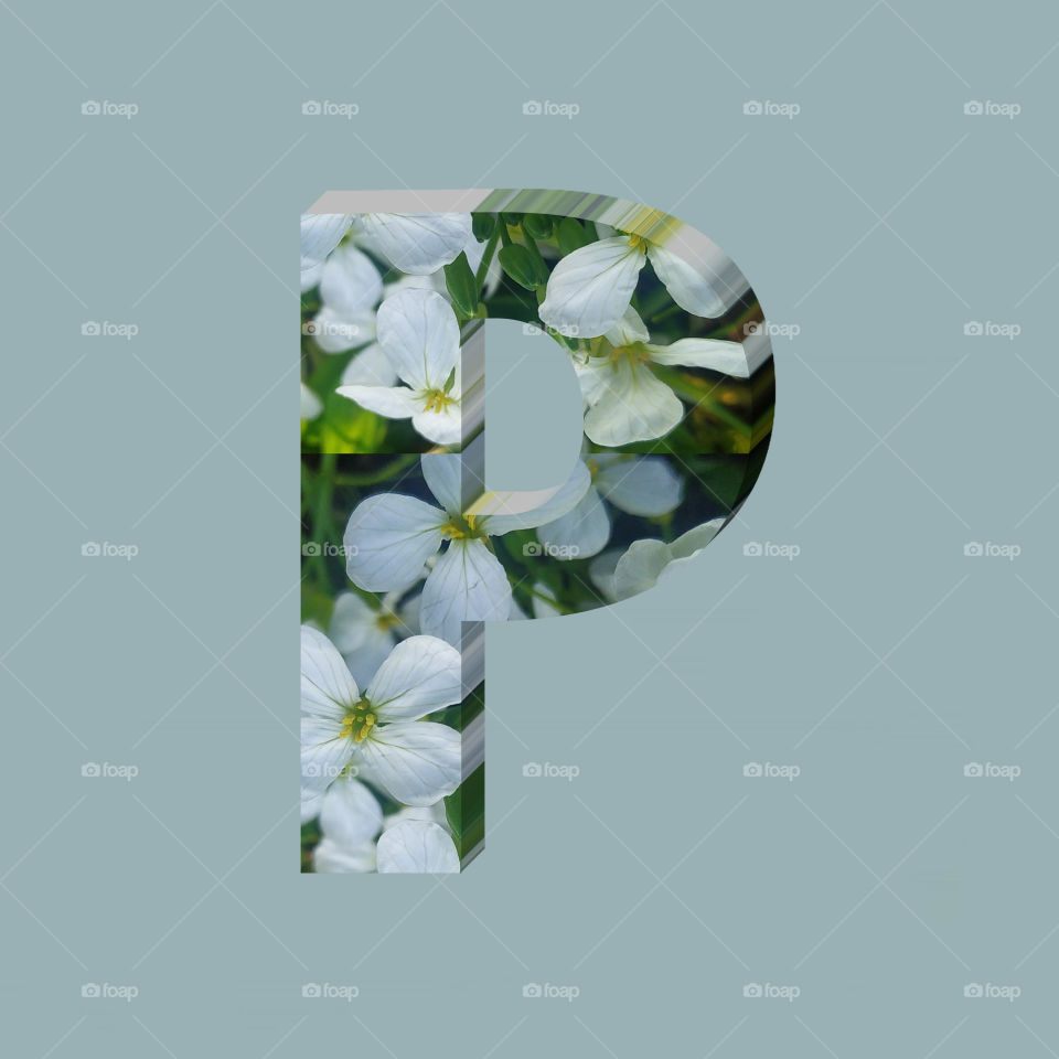 P alphabet 3d rendering of vertical white flowers alphabet