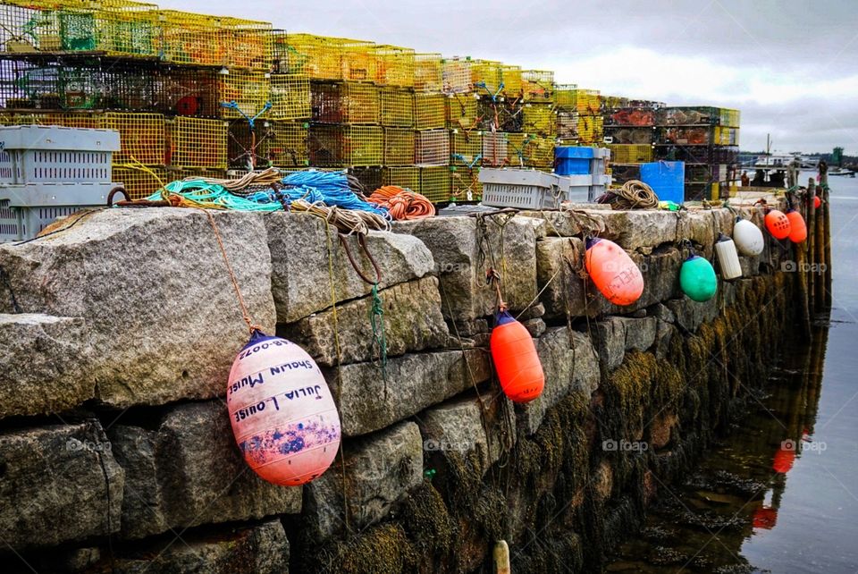 Lobster traps and buoys