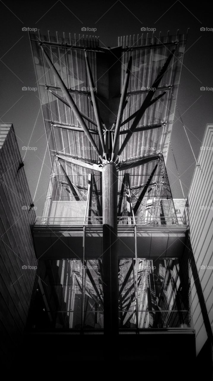 Monochrome image of the Scientia Building front structure on the campus of the University of New South Wales, Sydney, Australia.