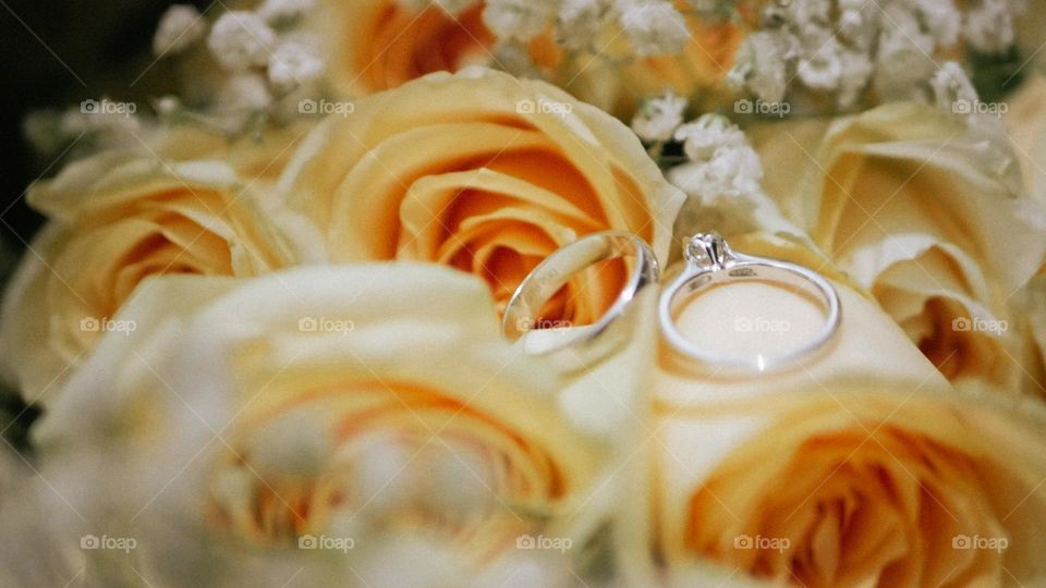 Pair of wedding rings between yellow roses.