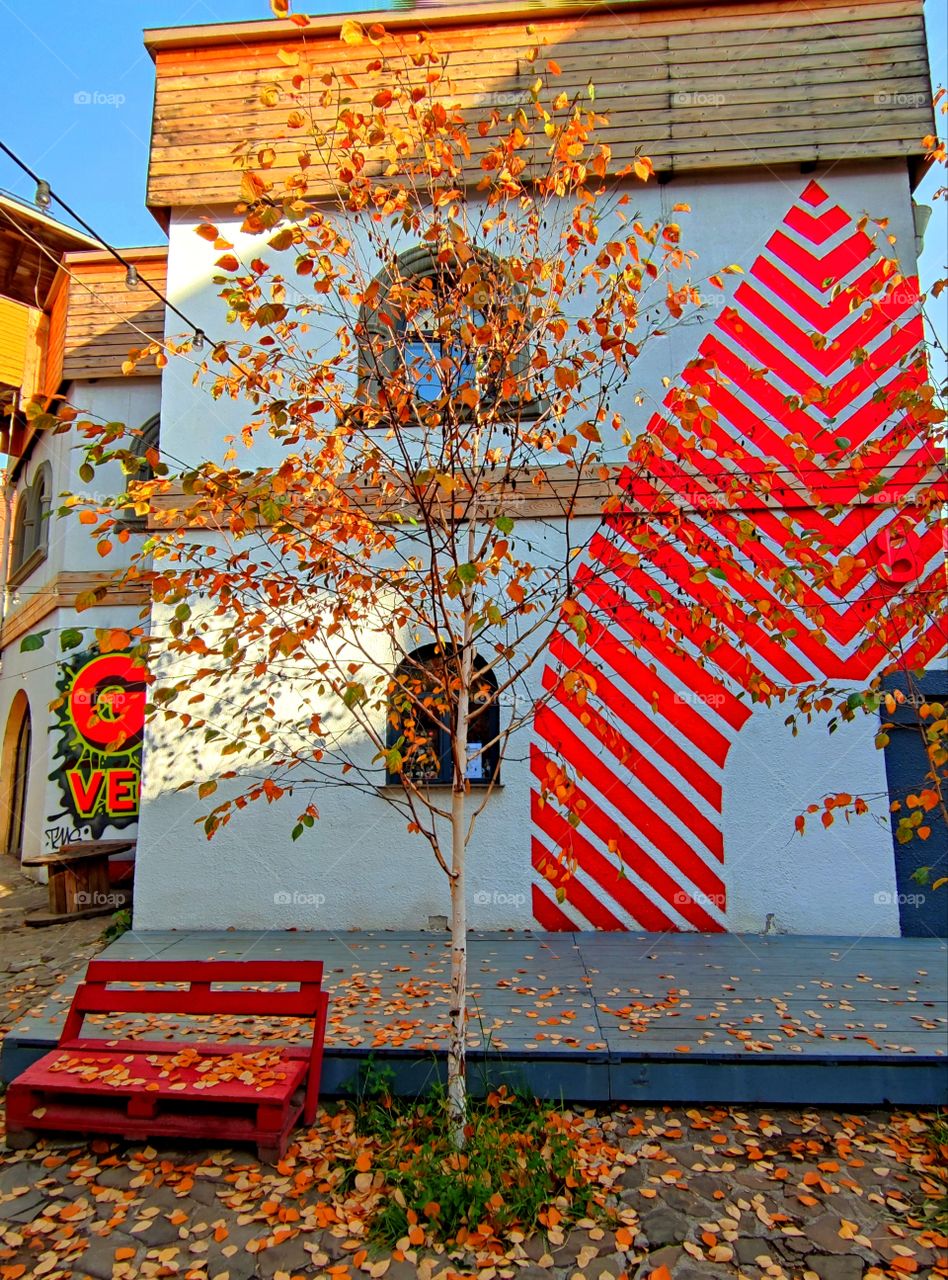 Autumn. White brick building with wooden windows. The corner of the house is painted with red lines. In the foreground there is a tree with red and yellow leaves. Next to the tree is a red bench with autumn leaves