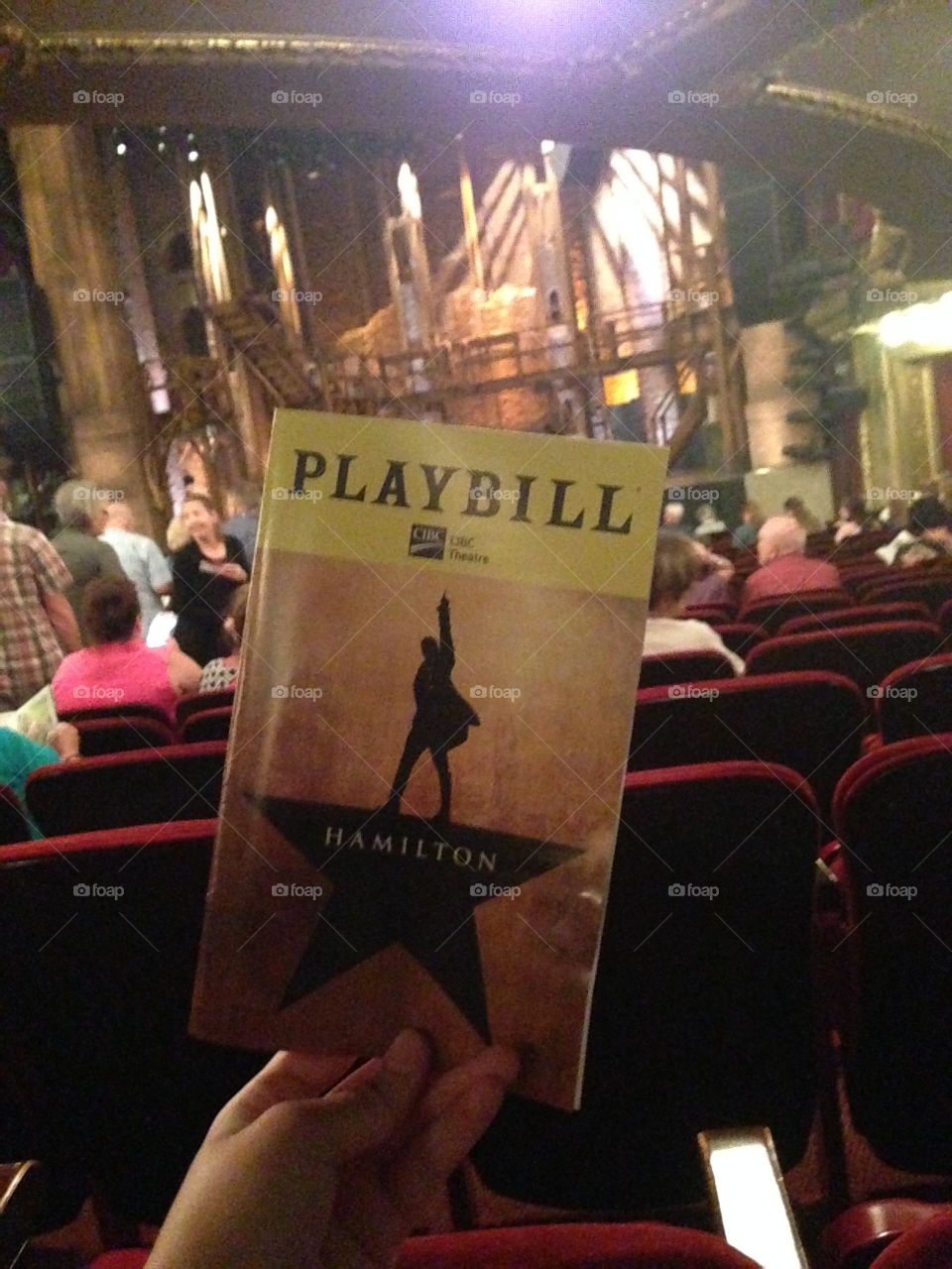 Hamilton Playbill in front of the Hamilton stage in Chicago, Illinois 