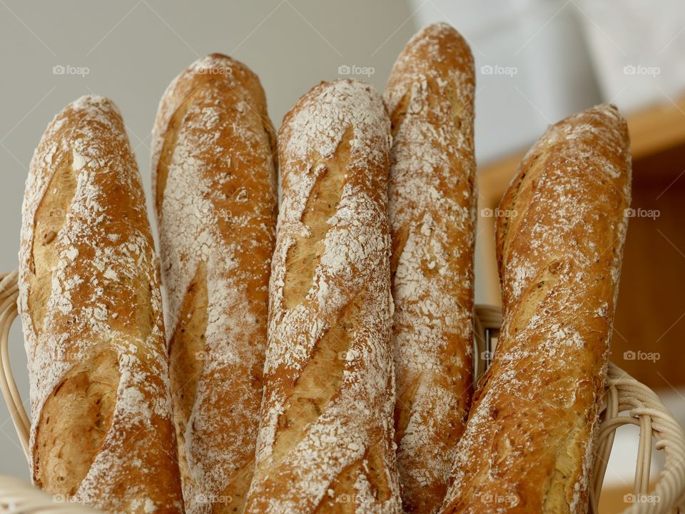 Baguettes bread in bakey fresh from oven 