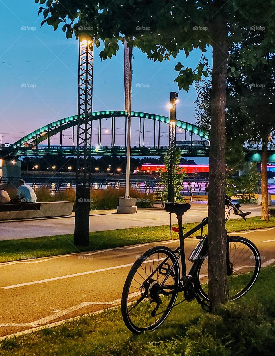 Cityscape,  bicycle leaning against a tree  by the river. Dominance geometric shapes: circles, rectangle, and triangle