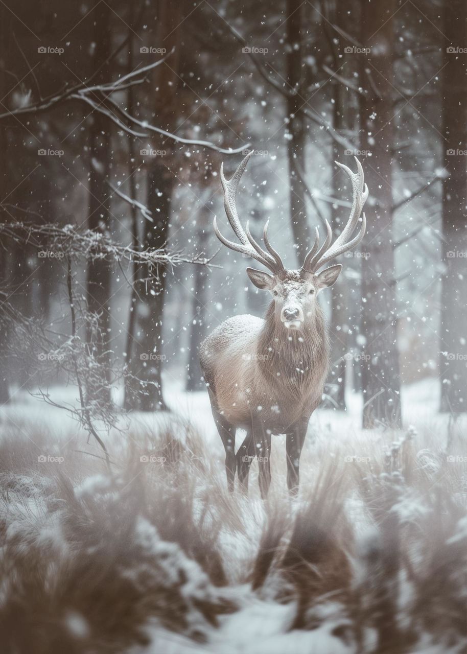 Majestic stag snow covered in a wild forest