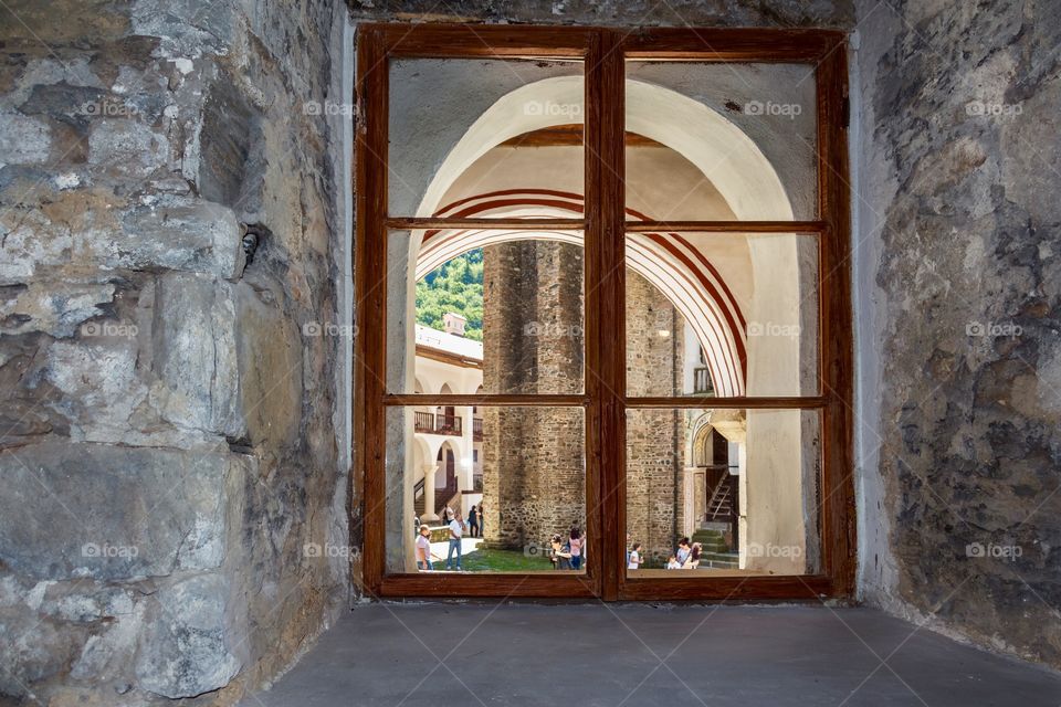 Window in Rila Monastery, the largest and most famous Eastern Orthodox Monastery in Rila Mountain, Bulgaria. UNESCO World Heritage site