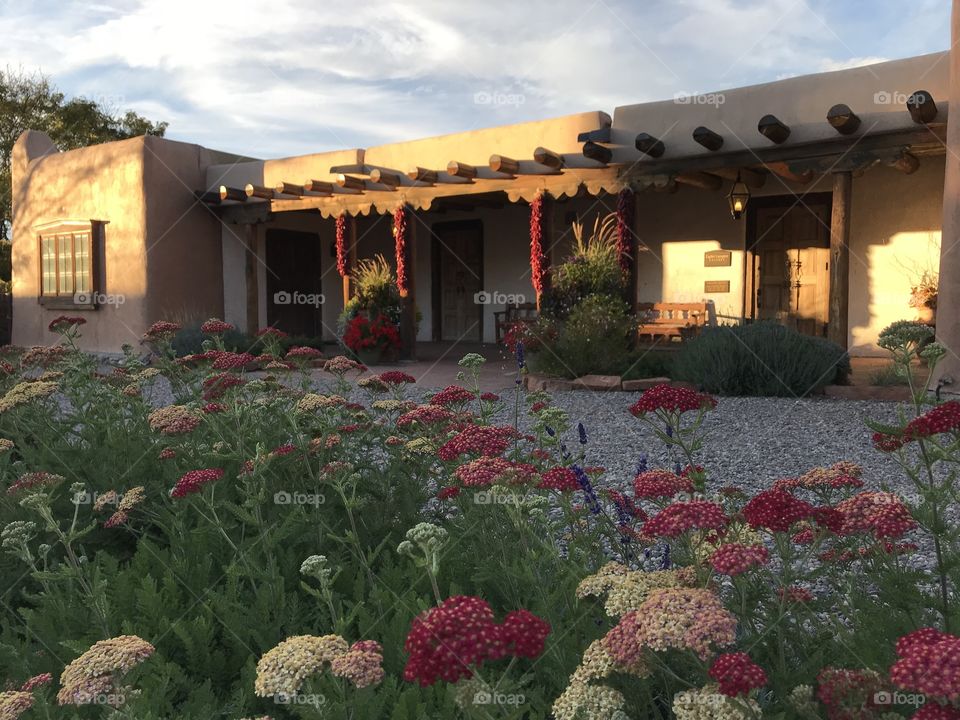 Abobe building along Canyon Road with flowers in foreground in Santa Fe, New Mexico