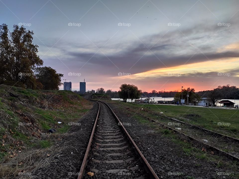 Belgrade Serbia sunset on Kalemegdan railroad
