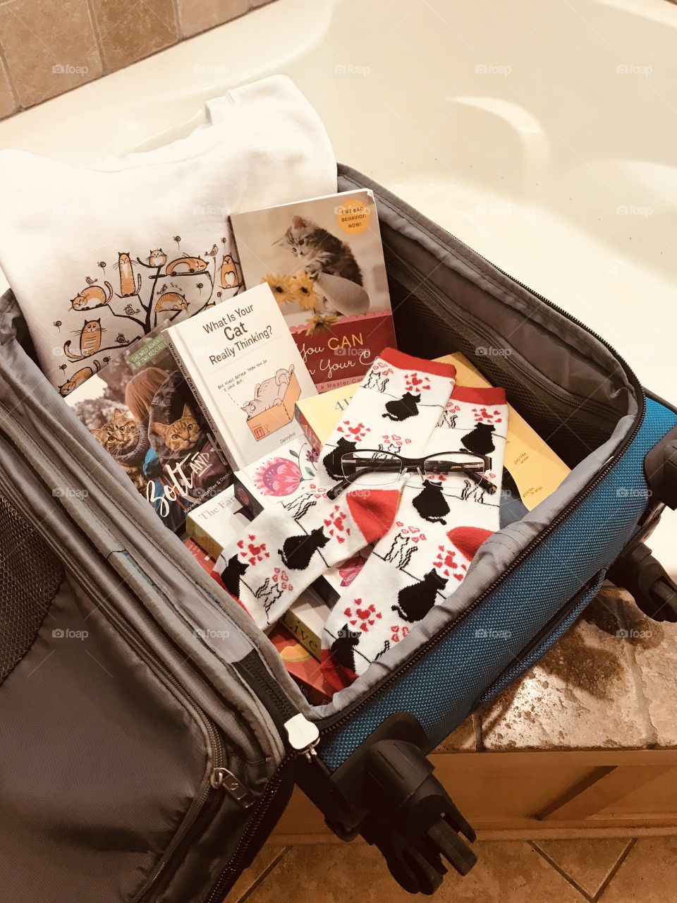 Let’s get ready to travel with best feel good cat reads, reading glasses, and favorite cozy kitty sweatshirt and socks for reading! 