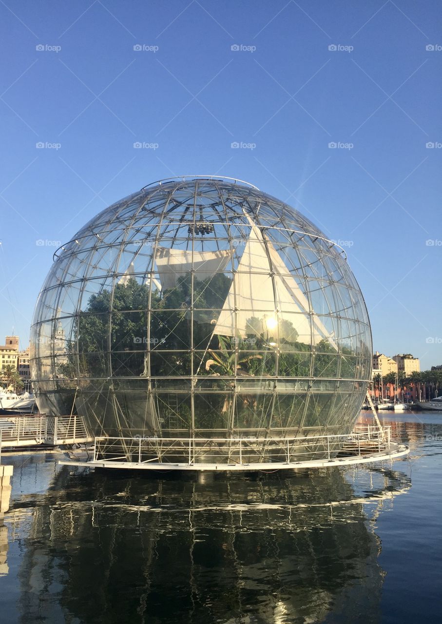 Gigantic greenhouse sphere in the port of Genoa Italy 