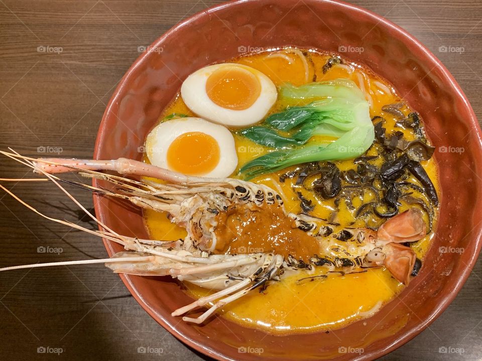 Hot and spicy shrimp udon soup for dinner 