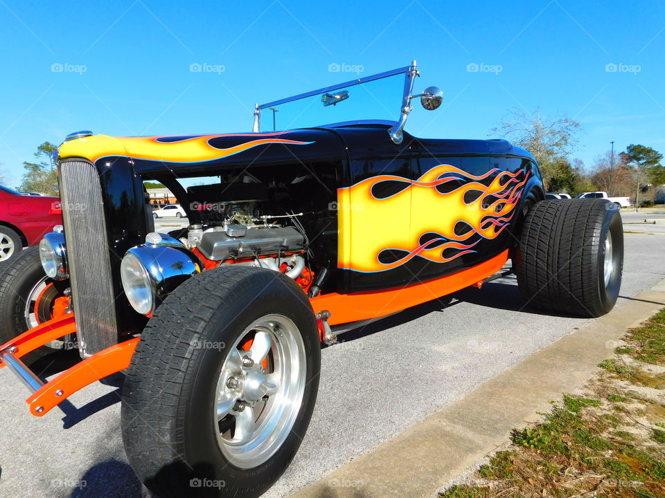 1932 Ford Hi-Boy Roadster parked in the church parking lot! Powered by a powerful 383 Stroker V8!