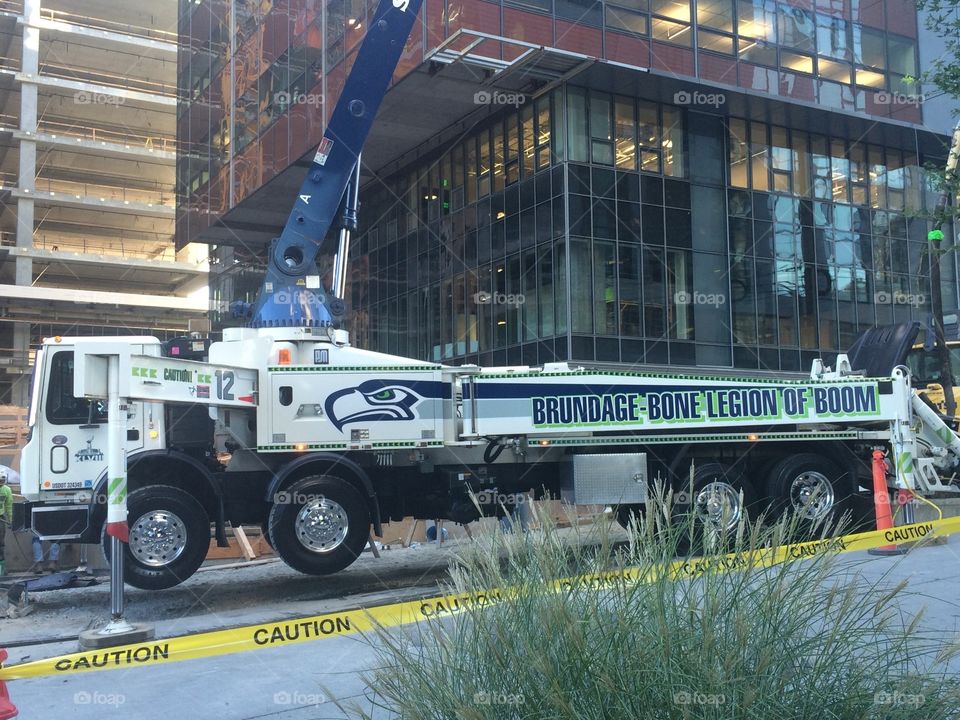 Construction in Seattle with Seahawks memorabilia 