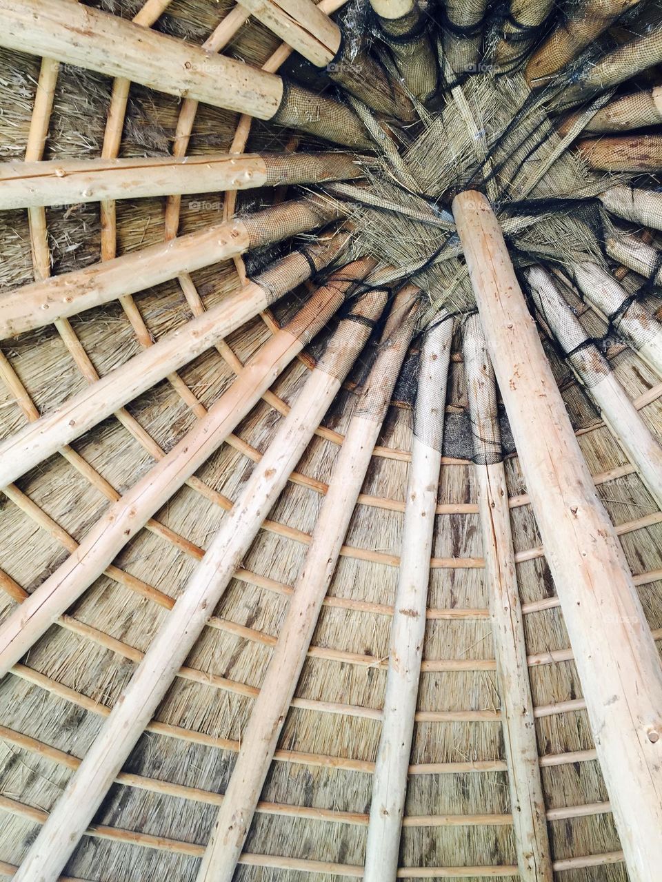 Wooden roof internal structure of African hut 