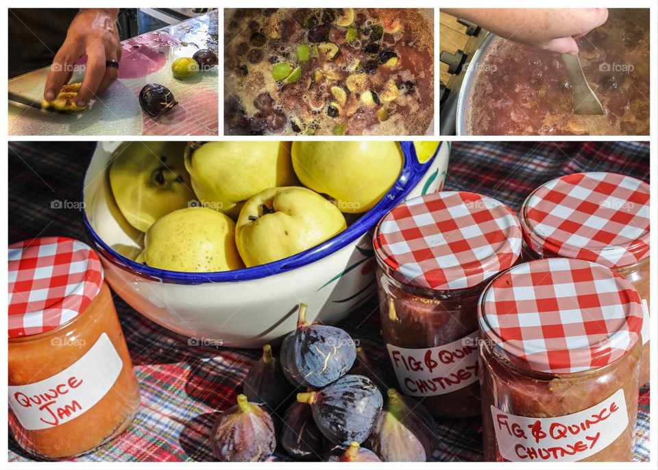 Jam making process, peeling & chopping, boiling, stirring and potted up and labelled, using fresh quince and figs from the garden - montage on white background 