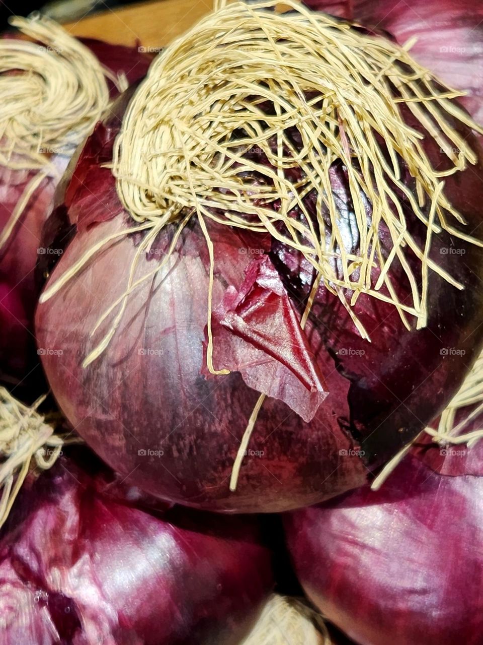 close up view of red purple onion with top hairs for sale in an Oregon market