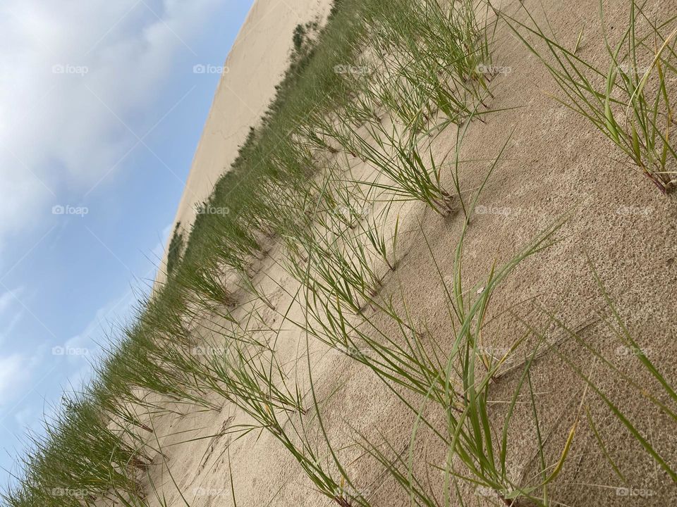 The presence of vegetation on the dunes adds a touch of greenery to the otherwise sandy landscape. 
The sky is cloudy with patches of blue, suggesting a partially overcast day.