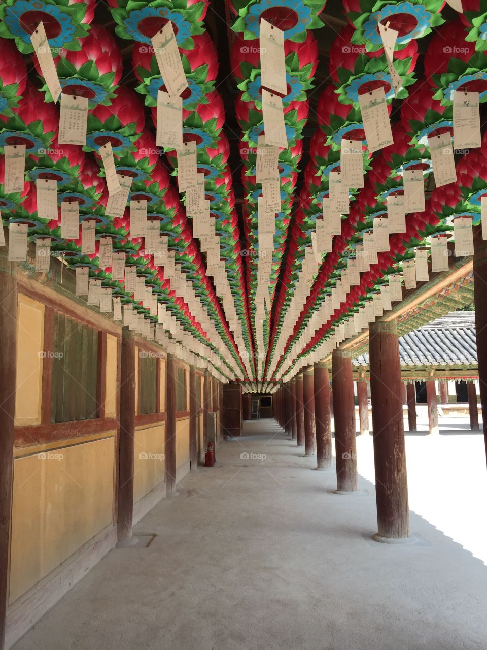 Praying lanterns hanged on Korean temple walkway