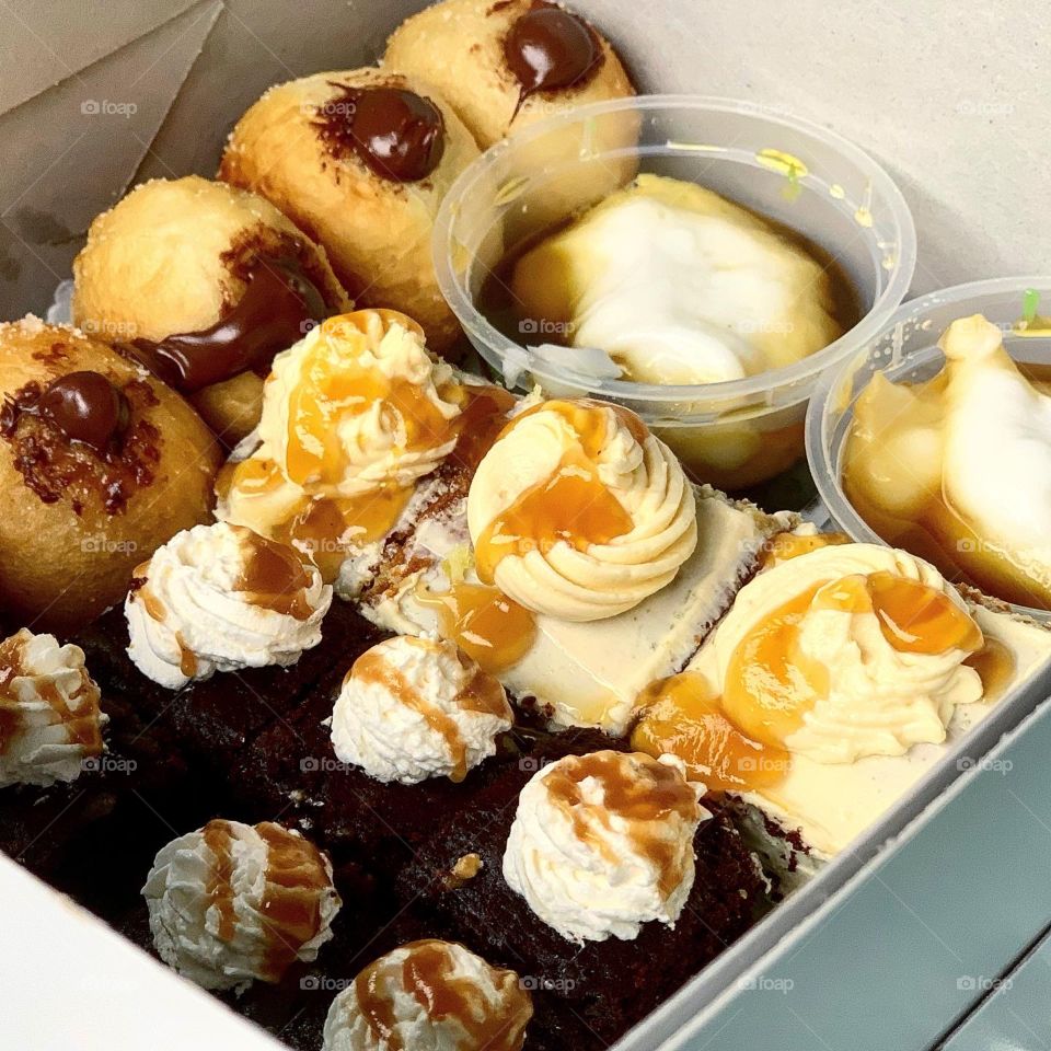 Dessert box including mini bite sized chocolate cakes, jongkong, bombolini