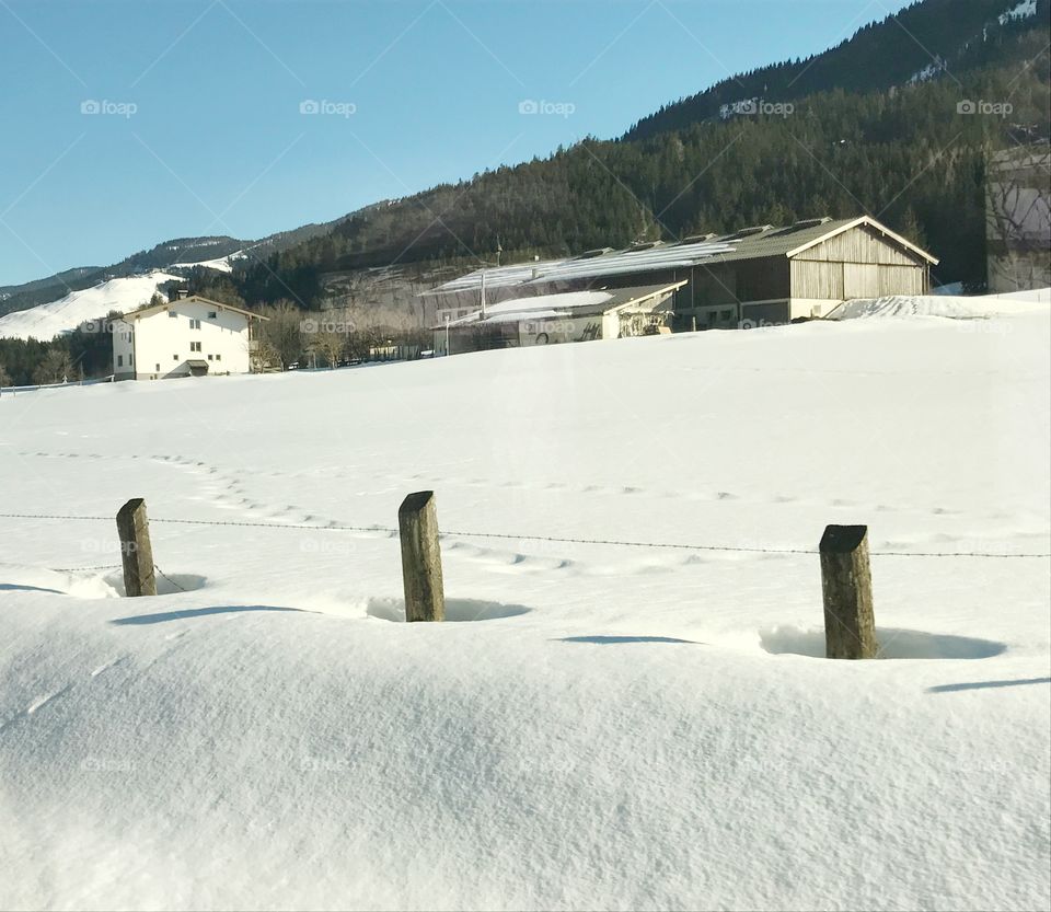 Houses in snow mountain in Austria 