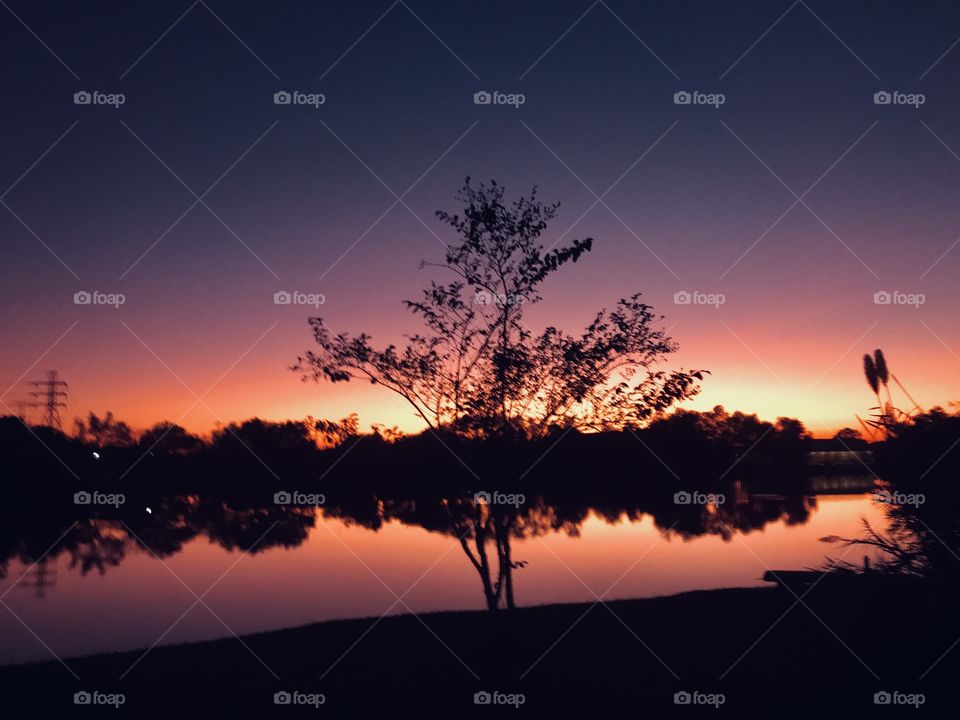 Gorgeous summer Sunset. Colorful sky. Colorful Colorful Backlit, Dead Calm Lake Waters. Total Matching Reflections of Horizon Colors and Lake Waters msking s extremely Beautiful Evening