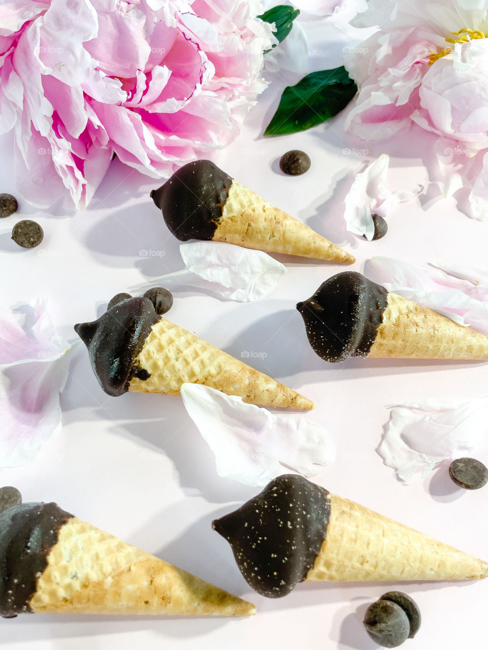 Chocolate ice cream cones and peonies 