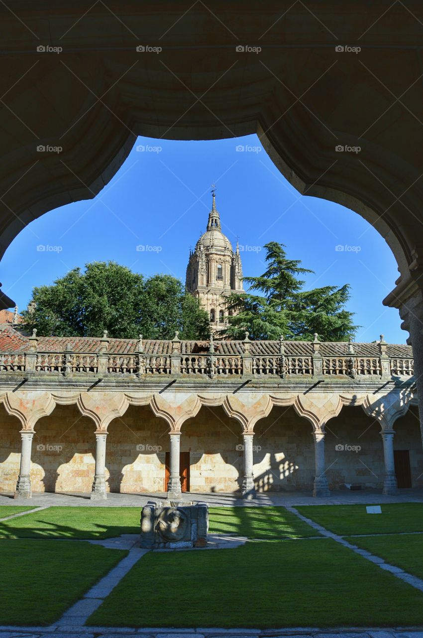 Cathedral tower. View of the tower of Salamanca cathedral from the cloister of University of Salamanca.