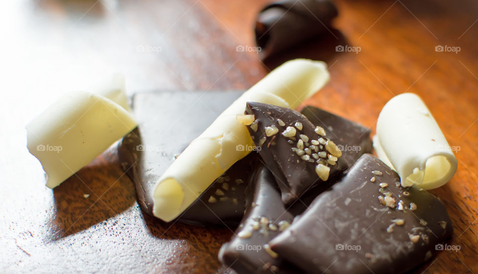 Salted caramel gourmet dark chocolate with white chocolate shavings 