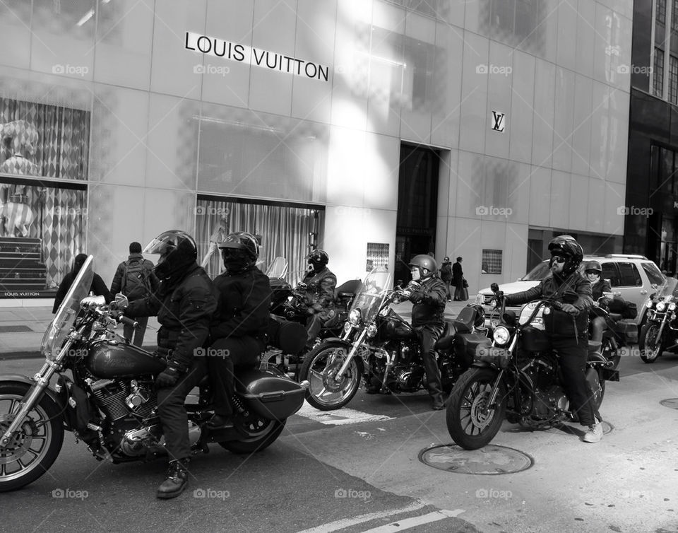 Motorcycle gang outside Louis Vuitton on Fifth Avenue, New York City